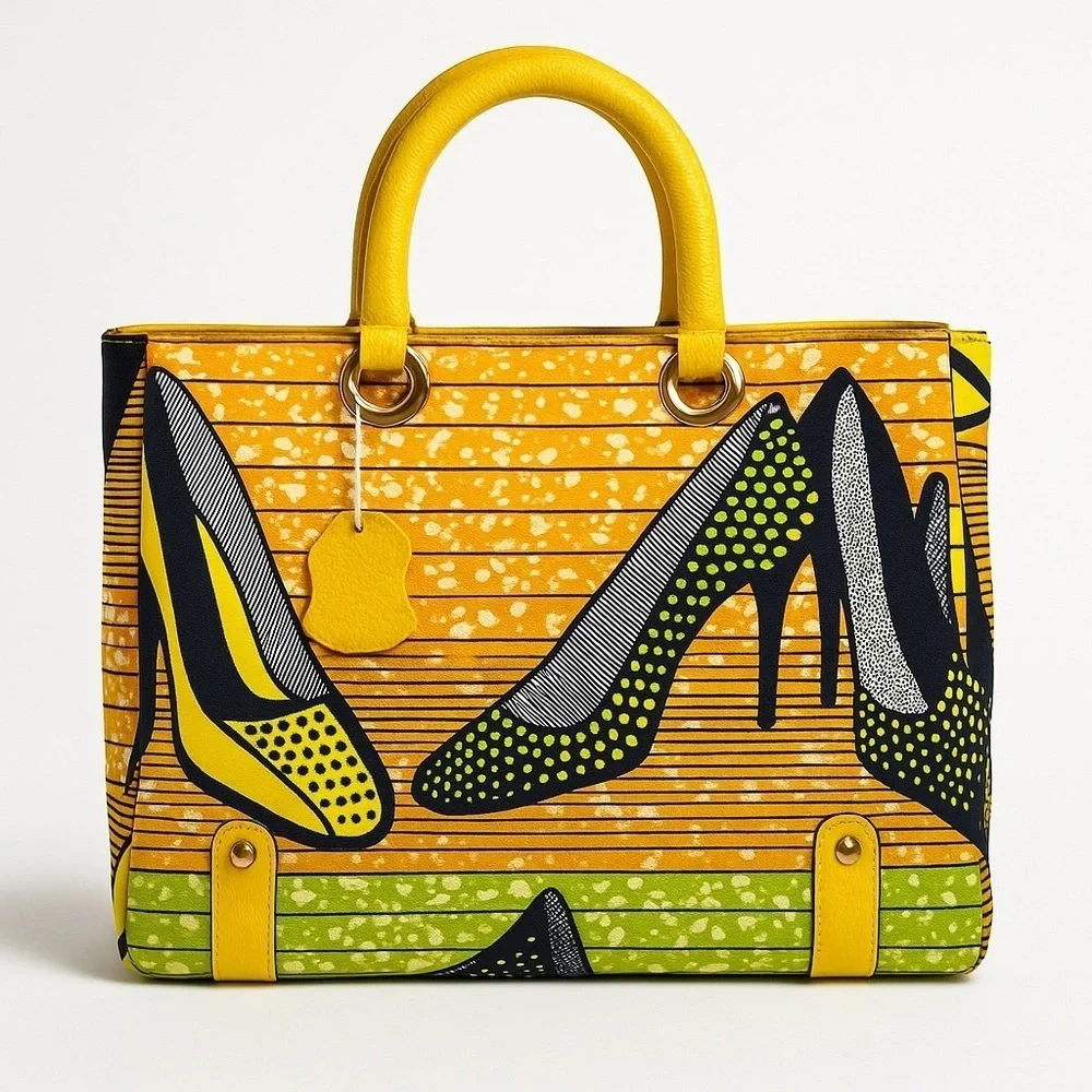 Halo & Way Ankara Wax Print Leather Tote Yellow Green Heels Bag Boho Retro Y2K